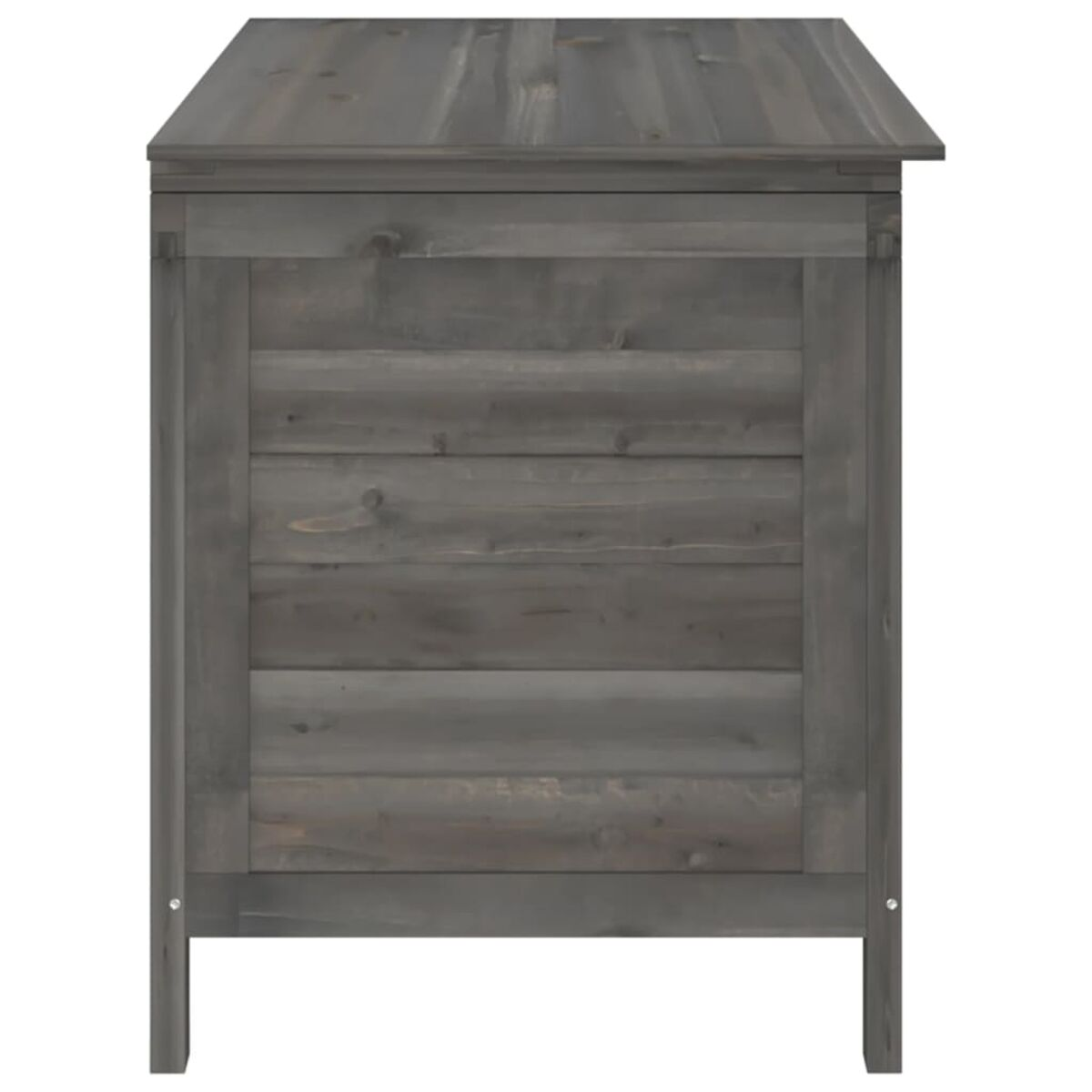 Ein grauer Holzschrank mit horizontalen Lamellen, isoliert vor weißem Hintergrund.