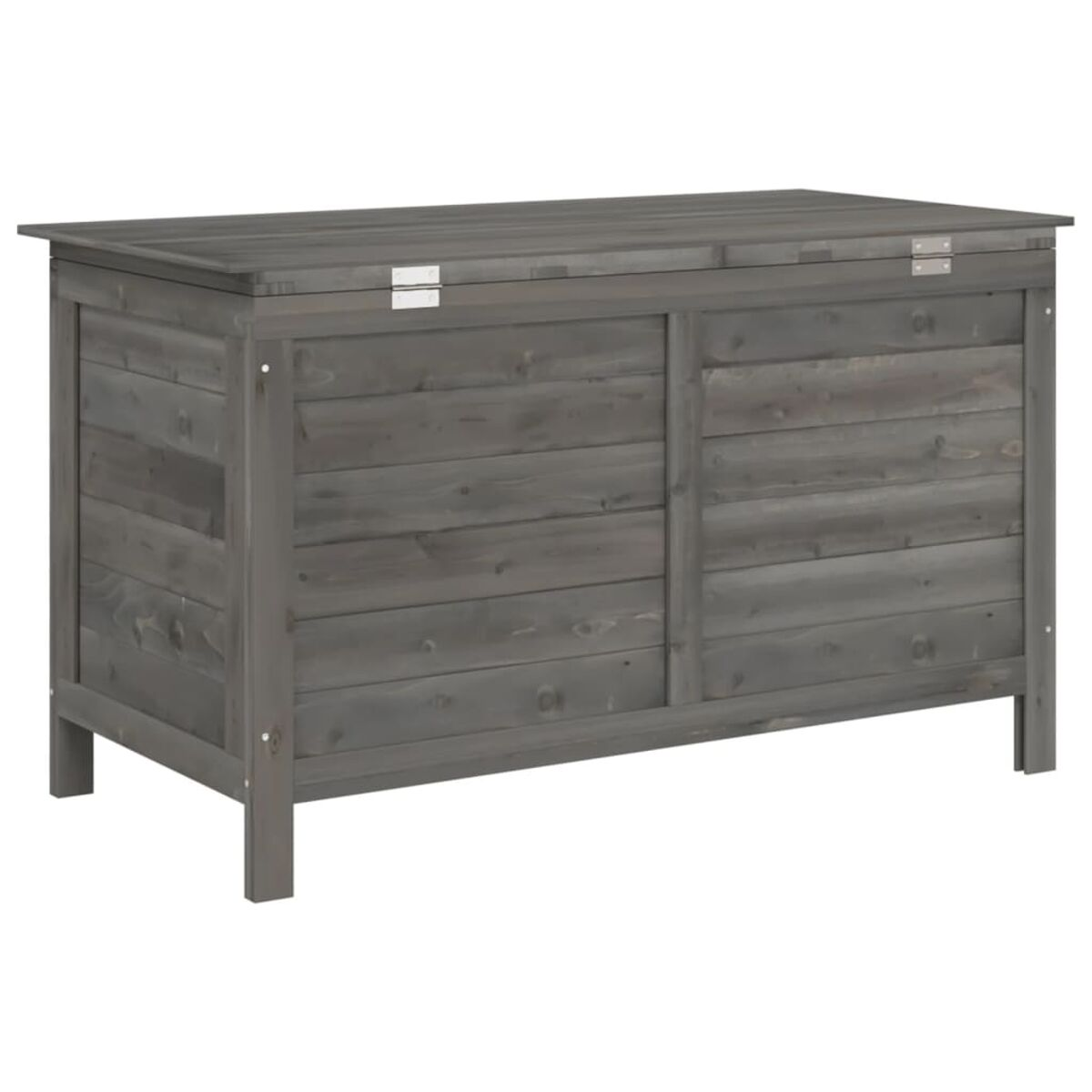 Graue Holzlagerkiste mit Klappdeckel. Das Design hat horizontale Holzbretter.