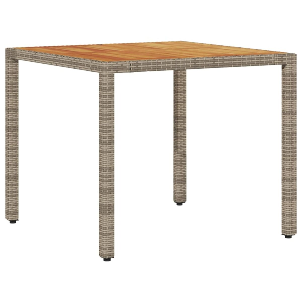 Quadratischer Rattantisch mit Holzplatte, isoliert auf weißem Hintergrund.