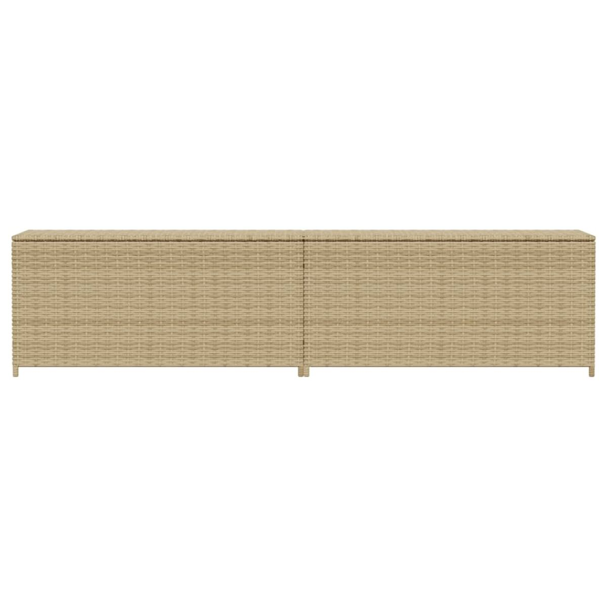 Lange, rechteckige Aufbewahrungsbox aus gewebtem Material.  Beige Farbe.  Schlichtes, sauberes Design mit flacher Oberseite.