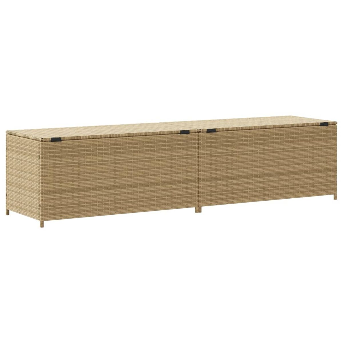 Eine lange, beige Aufbewahrungsbox aus Rattan mit zwei Scharnierdeckeln.