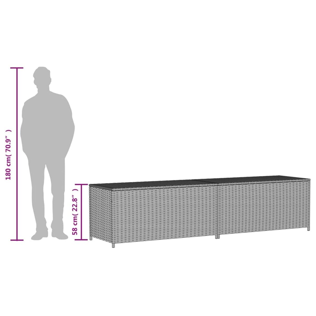 Eine lange, graue Korbsitzbank, mit der Silhouette einer Person zum Größenvergleich.