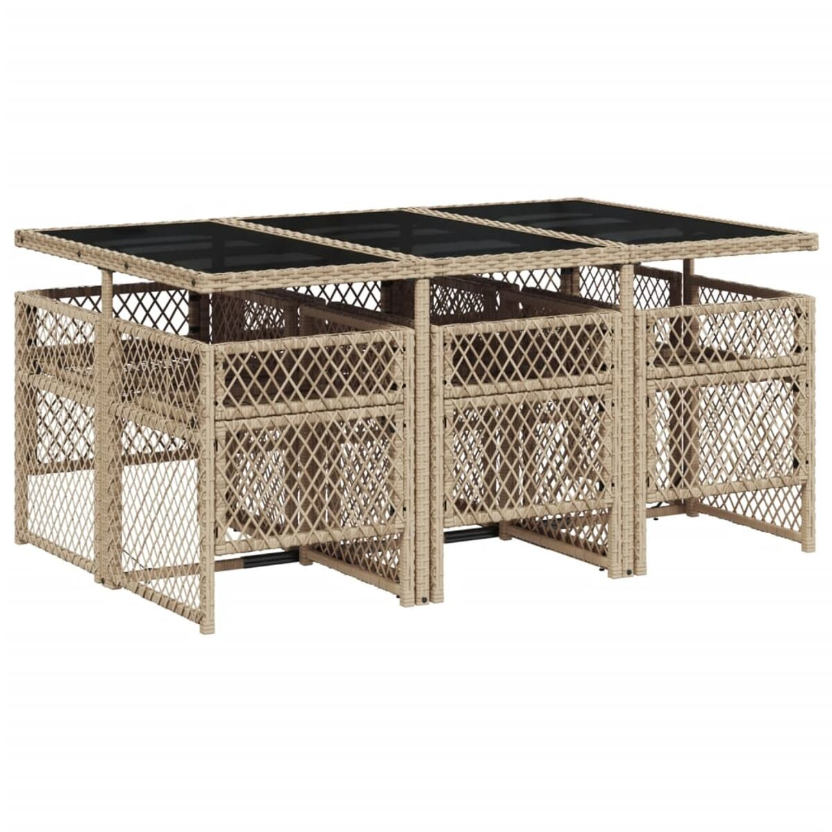 Set da pranzo da esterno in vimini beige con tavolo e sedie. Piano nero, design a intreccio.