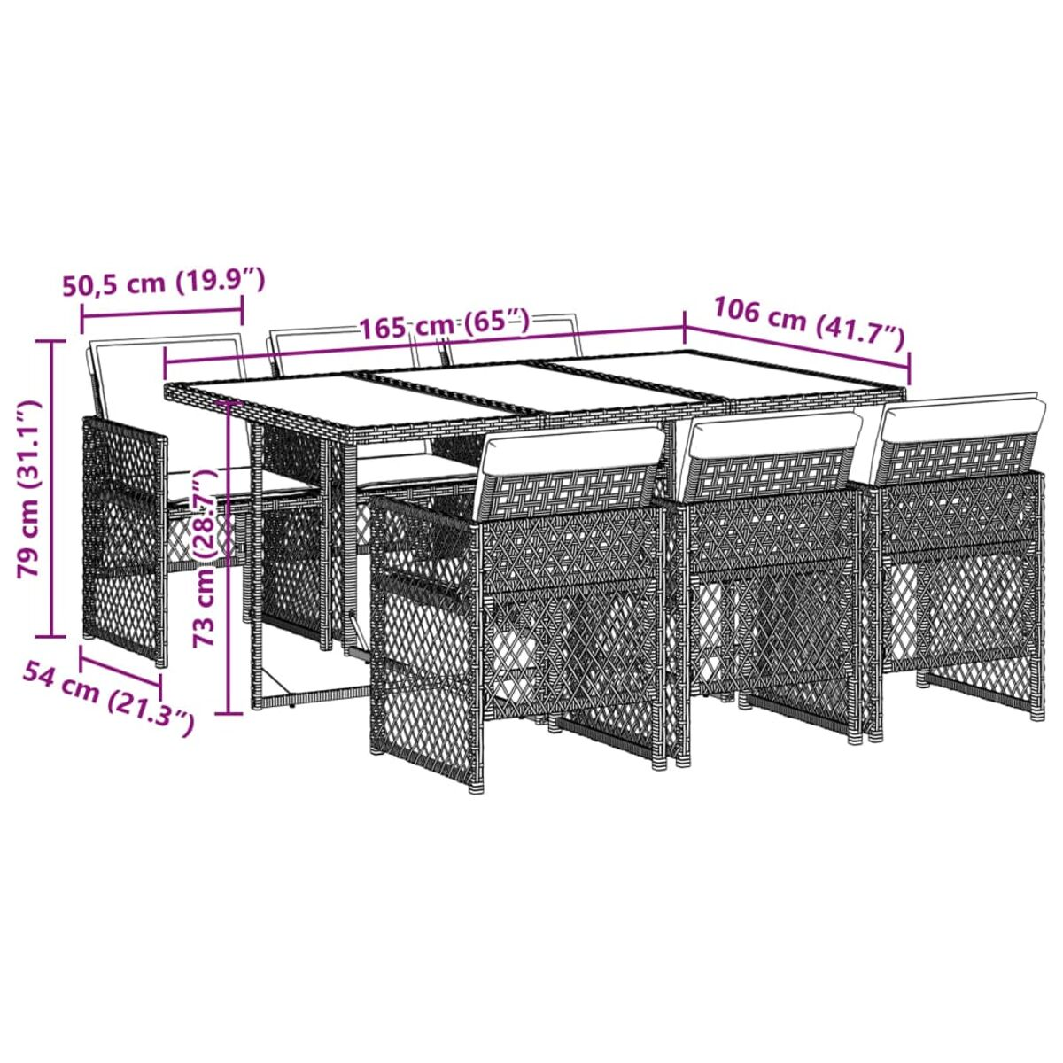 Ein Rattan-Terrassenmöbel-Set mit Kissen, einem Tisch und sechs Stühlen.