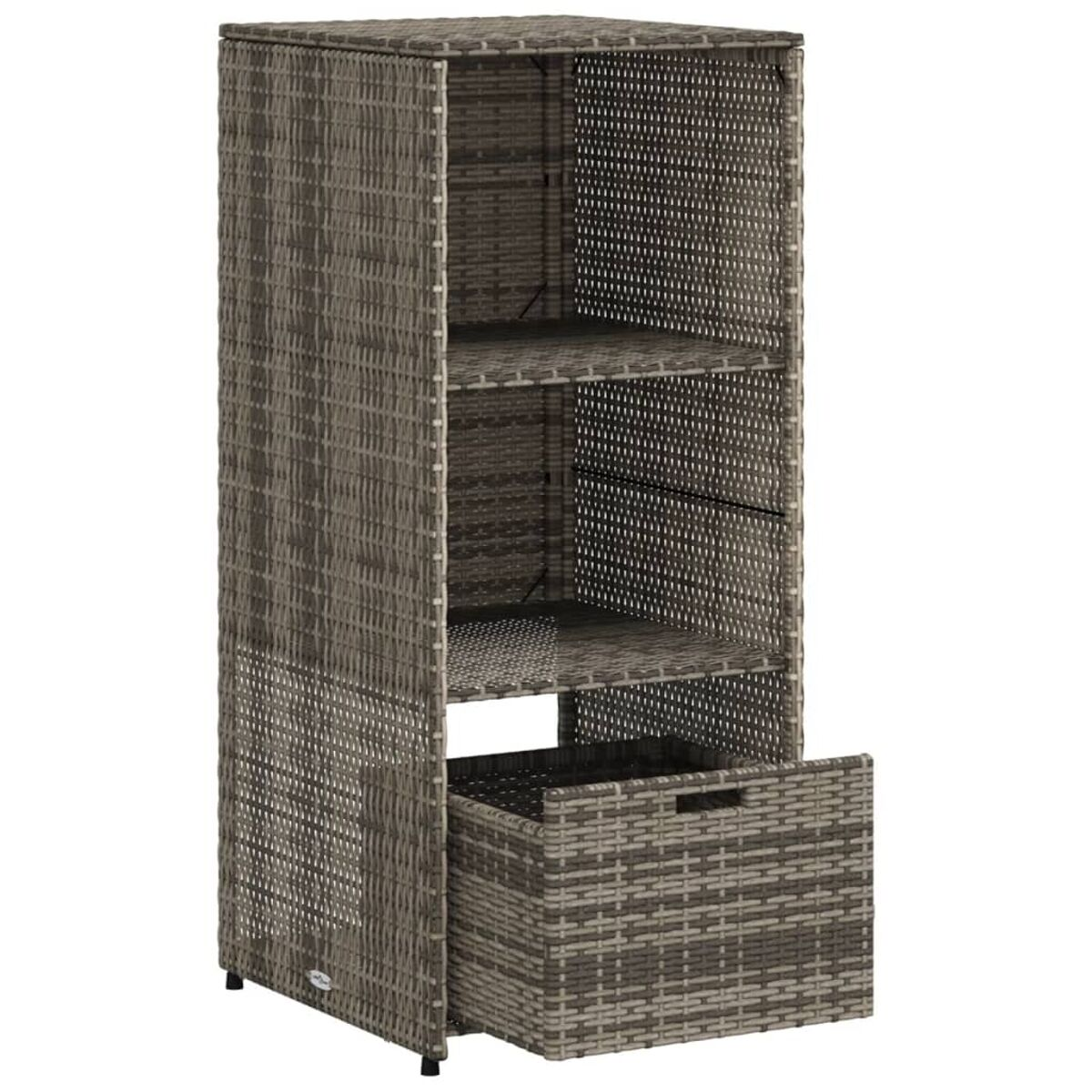 Hoher grauer Korbschrank mit drei Regalen und einer Schublade. Der Schrank ist hoch und schmal.