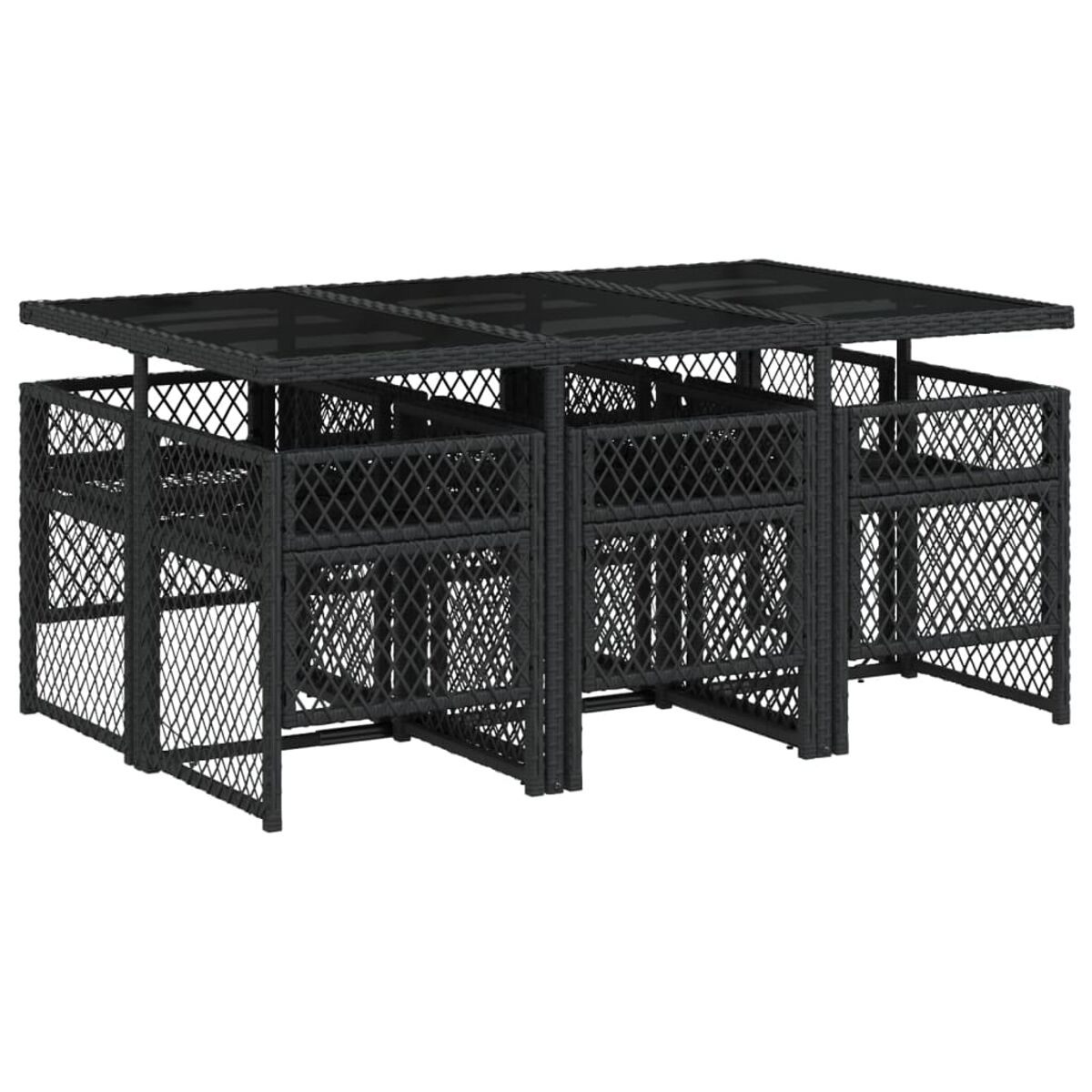 Schwarzes Esszimmer-Set aus Rattan für den Außenbereich. Tisch und Stühle. Weißer Hintergrund.