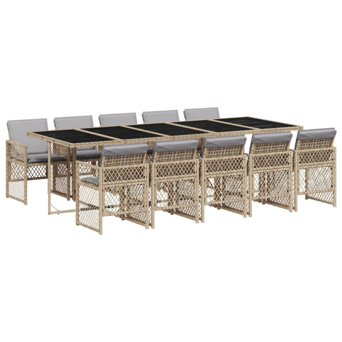Set da pranzo all'aperto con tavolo nero, cuscini grigi e sedie intrecciate. Sfondo bianco.