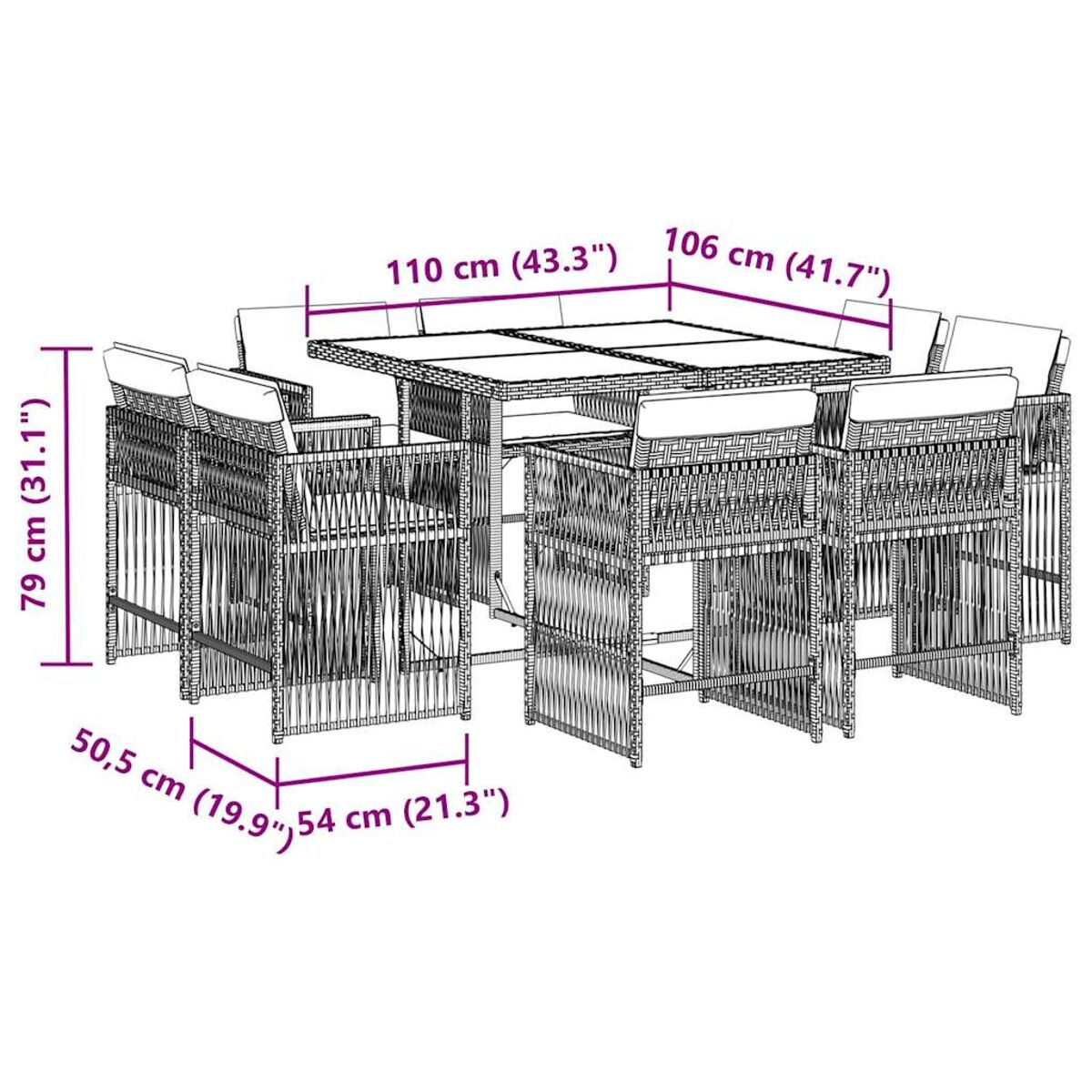 Un set da pranzo per esterni con tavolo quadrato e sedie, con misure in centimetri.