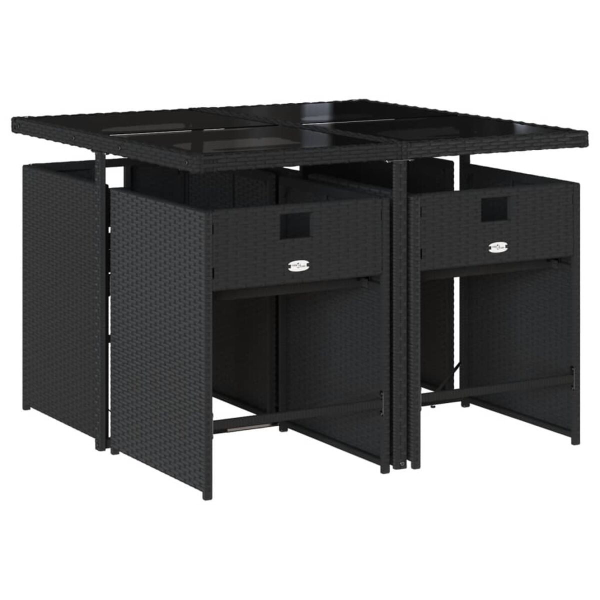 Schwarzes Rattan-Outdoor-Ess-Set mit quadratischem Tisch und vier Stühlen.