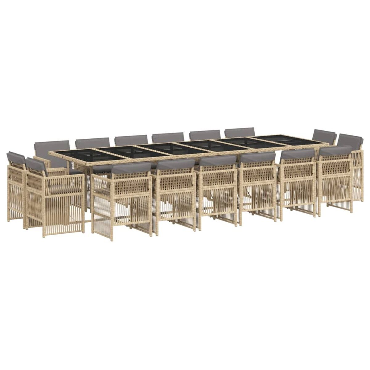 Set da pranzo da esterno in rattan beige con tavoli in vetro nero e cuscini grigi. Sfondo bianco.