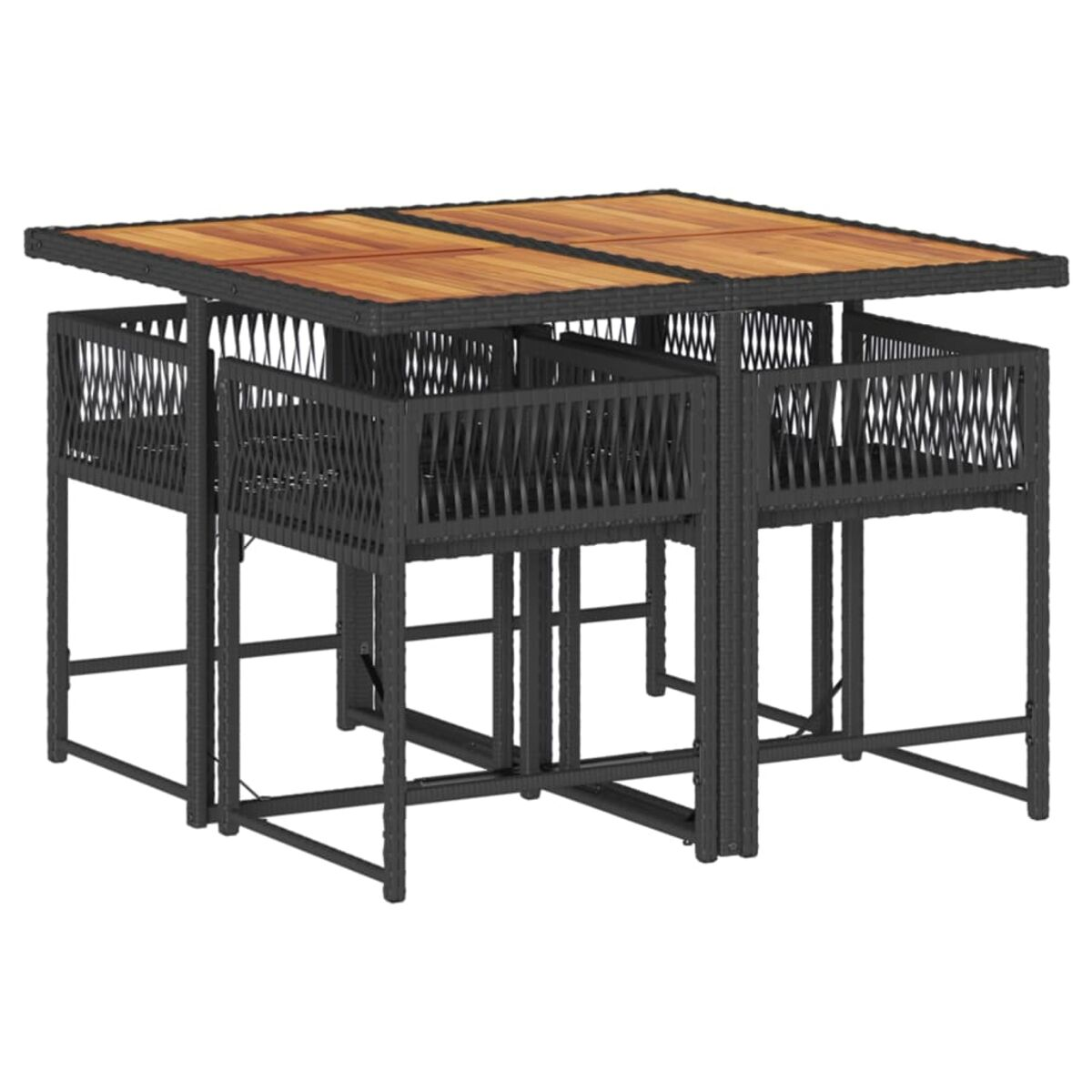 Viersitziger Tisch mit gewebtem Design, schwarzem Rahmen, Holzplatte. Vier Stühle.