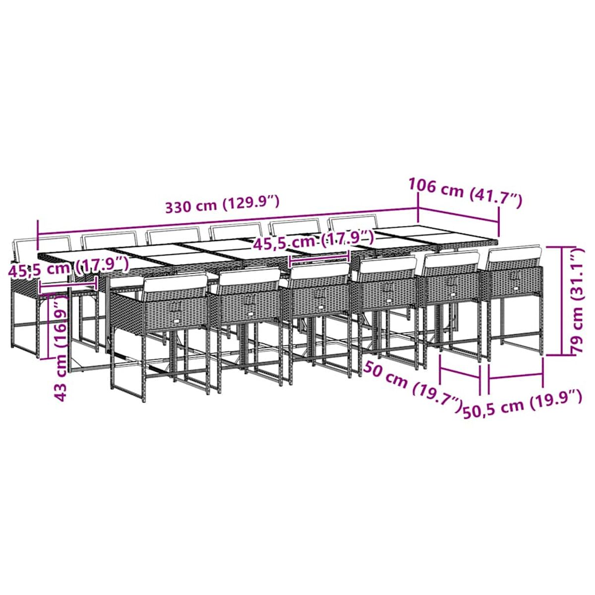 Set da pranzo esterno con tavolo e sedie, dimensioni visibili.
