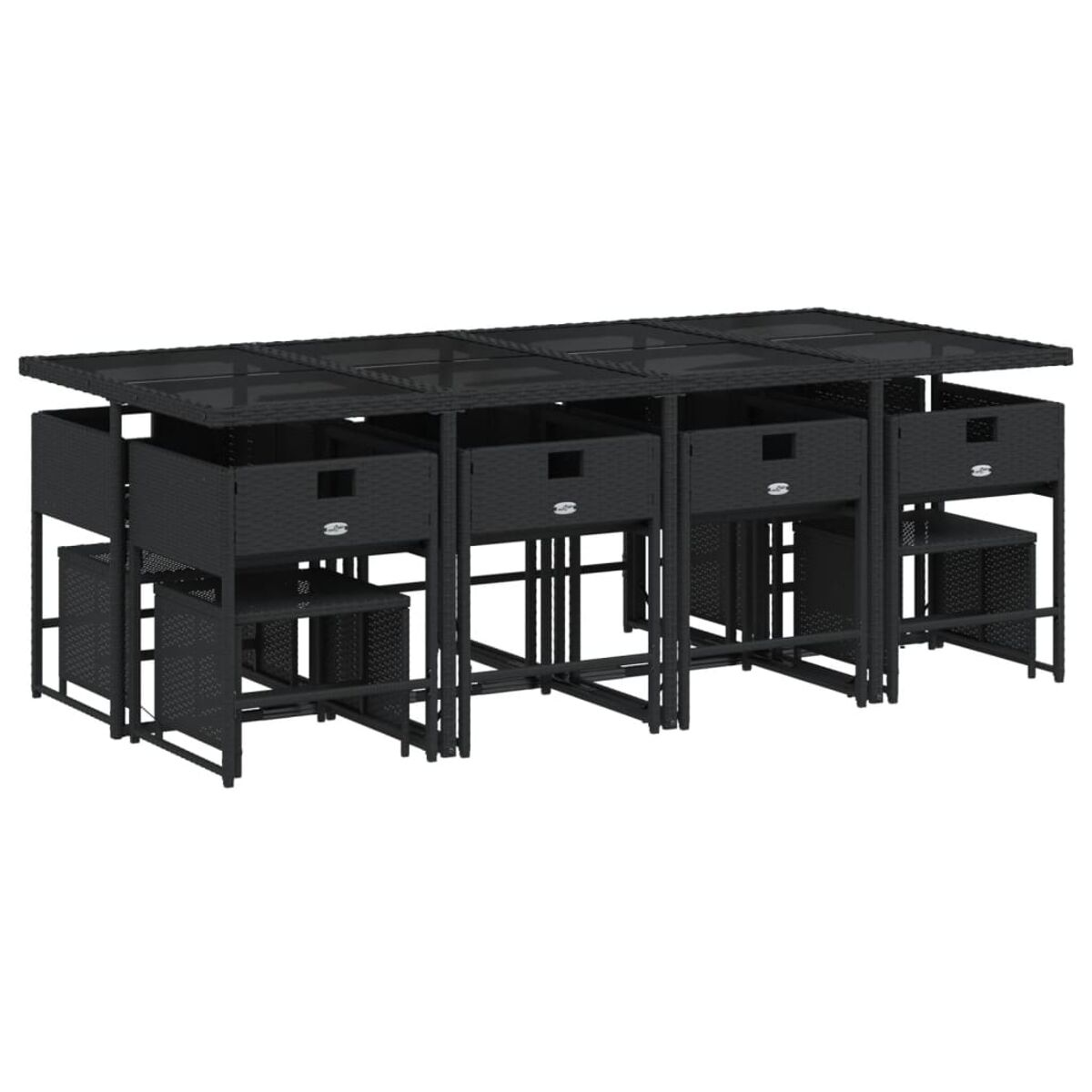 Set da pranzo all'aperto in nero. Il set include un lungo tavolo e sedie con spazio sottostante.