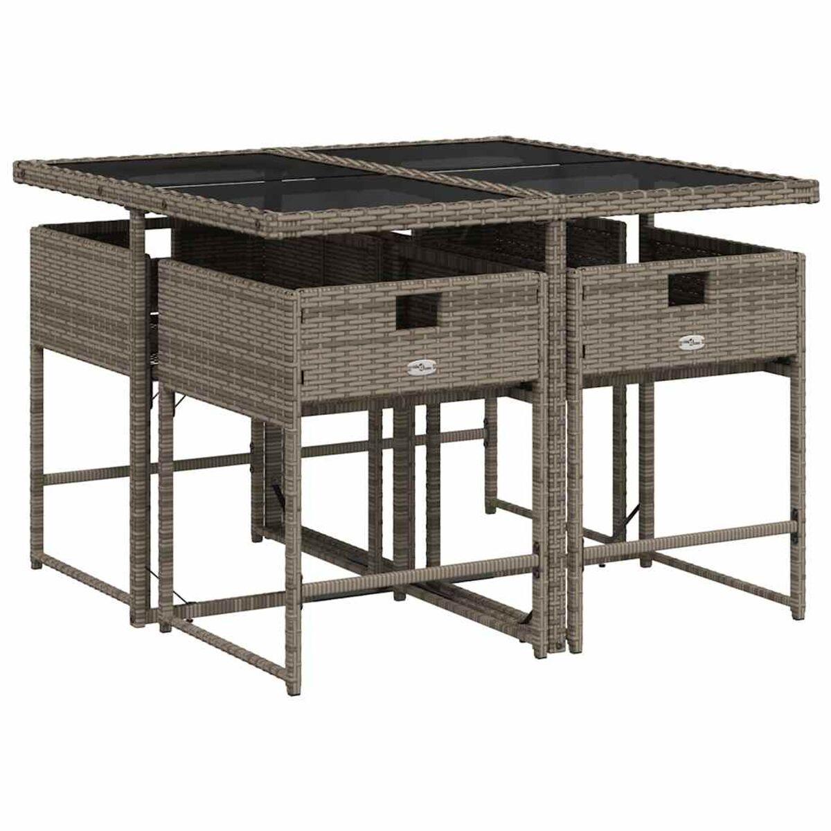 Set da pranzo all'aperto: tavolo quadrato con quattro sedie intrecciate sotto un piano in vetro. Materiale intrecciato grigio.