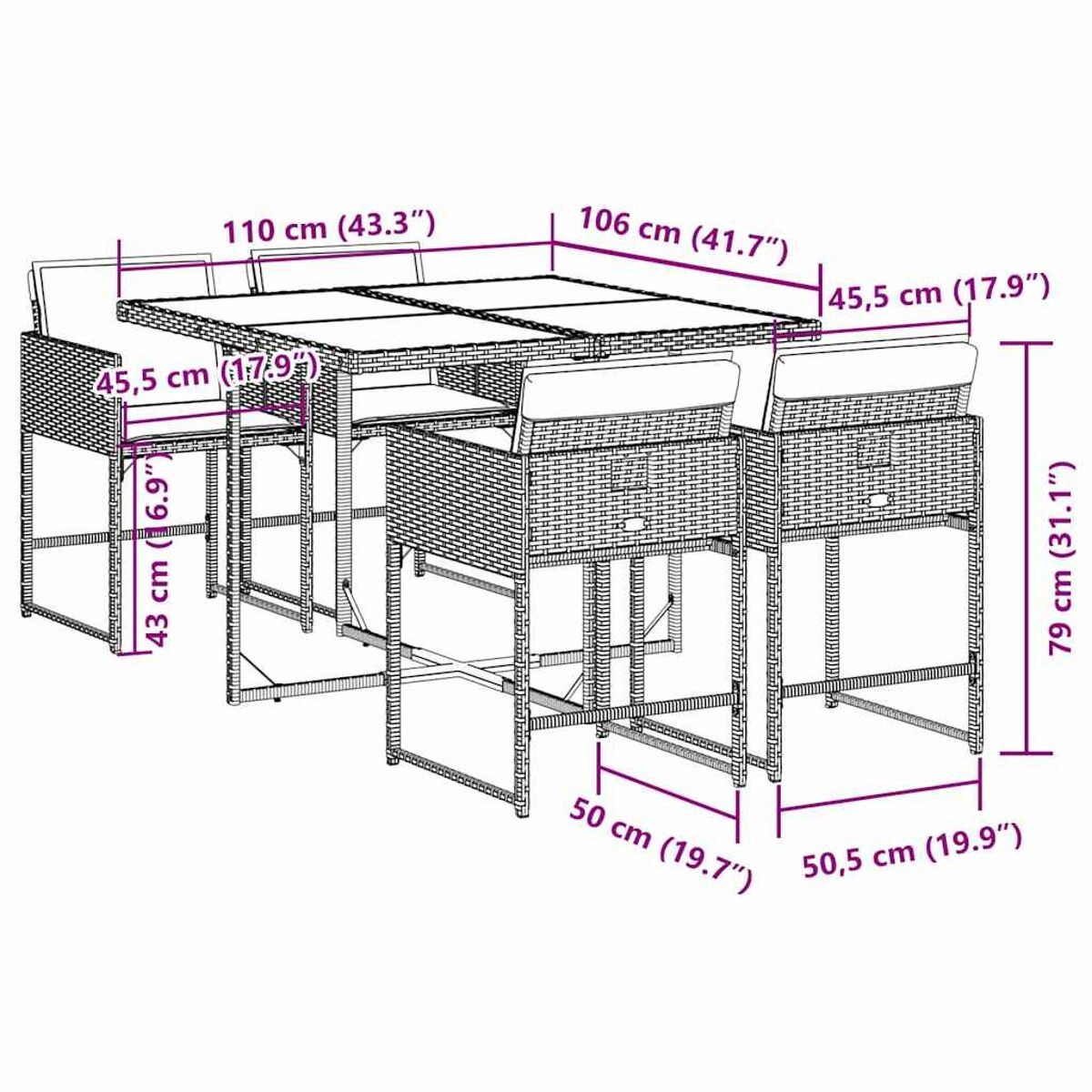 Set di mobili da esterno in vimini con dimensioni. Tavolo e sedie disposti attorno al tavolo.