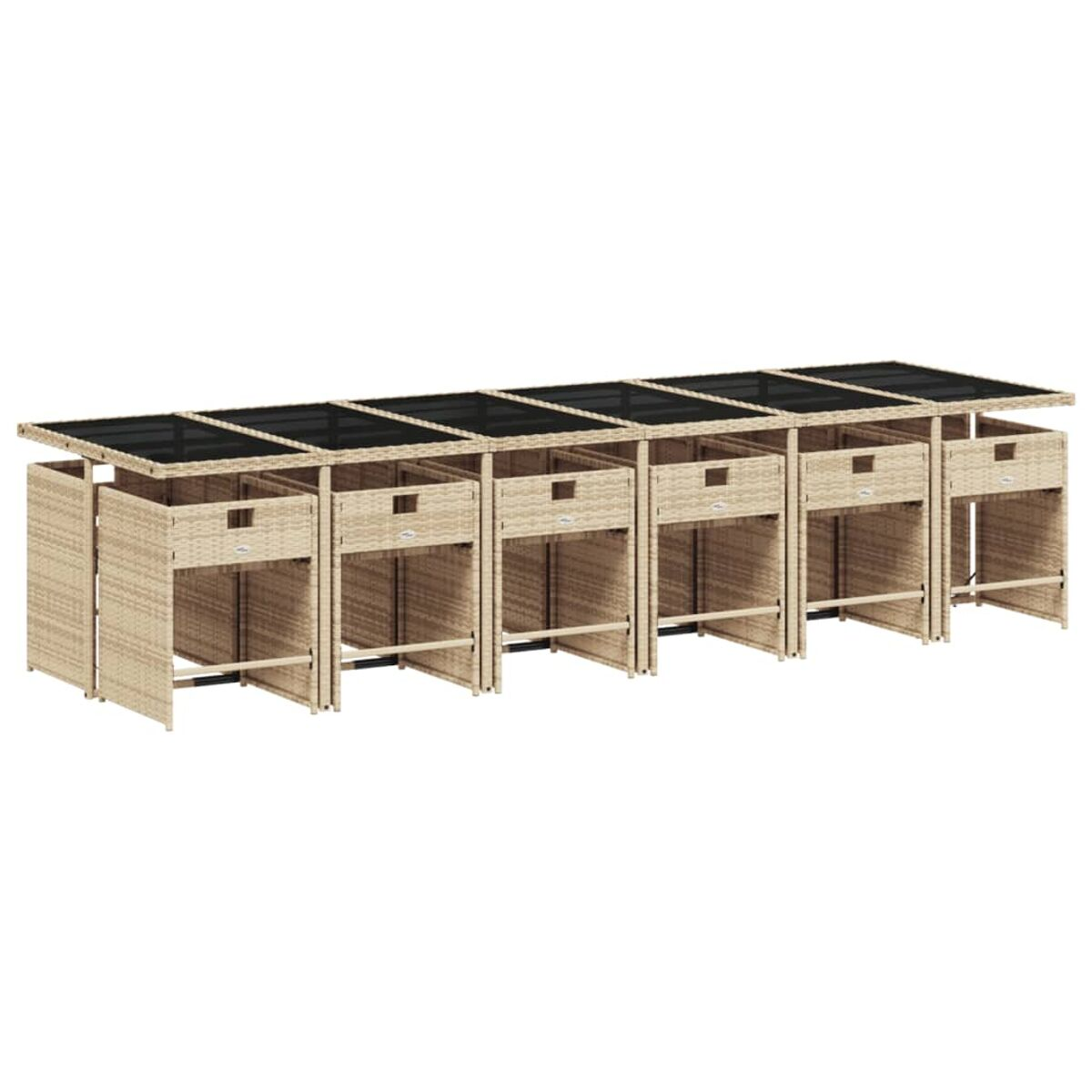 Sechs beige Rattantische mit schwarzen Glasplatten. Jeder hat eine Schublade.