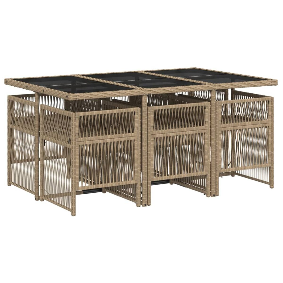 Set da pranzo per esterni con tavolo e sedie. Arredamento in vimini.