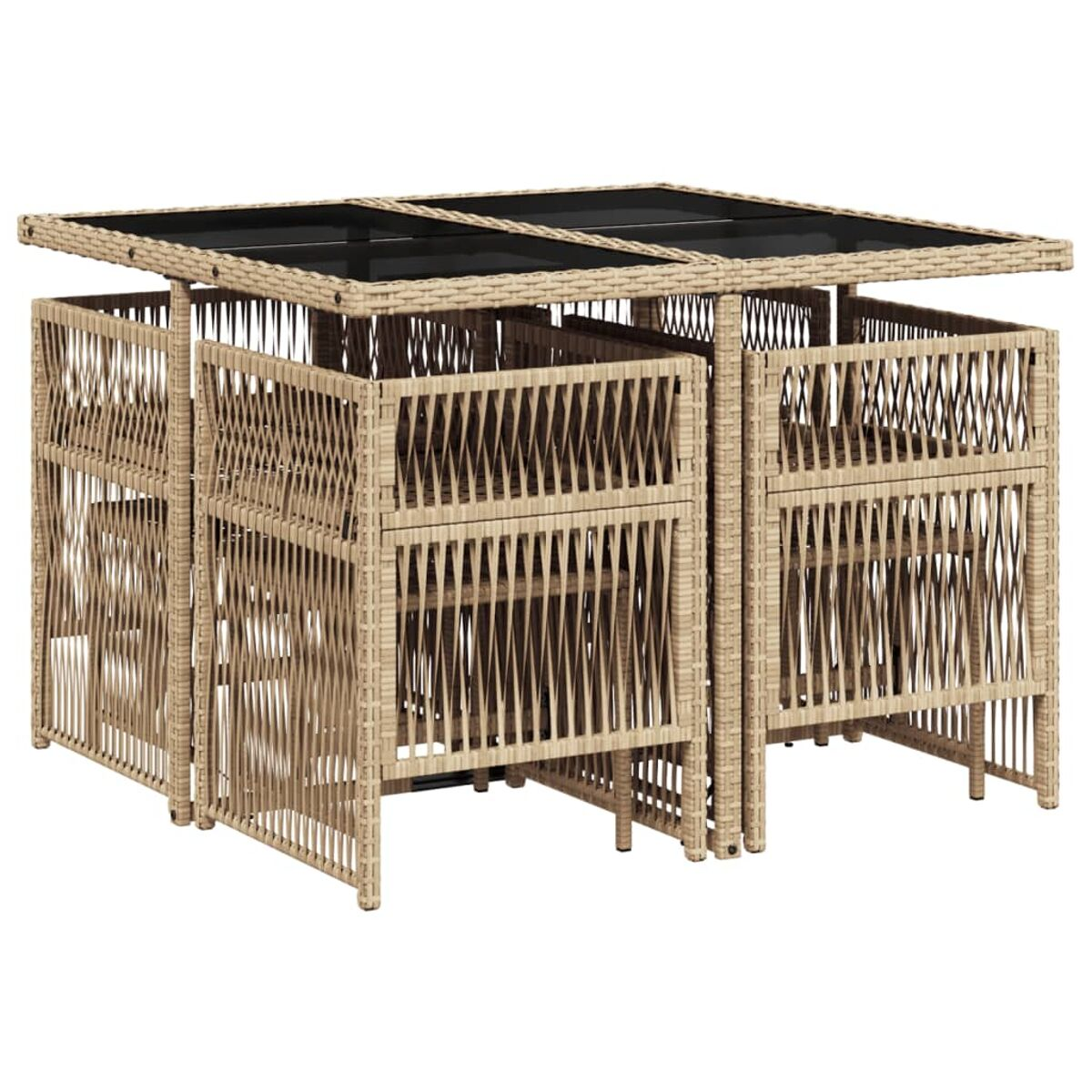 Set da pranzo in rattan per esterni con tavolo e quattro sedie. Piano del tavolo in vetro nero.