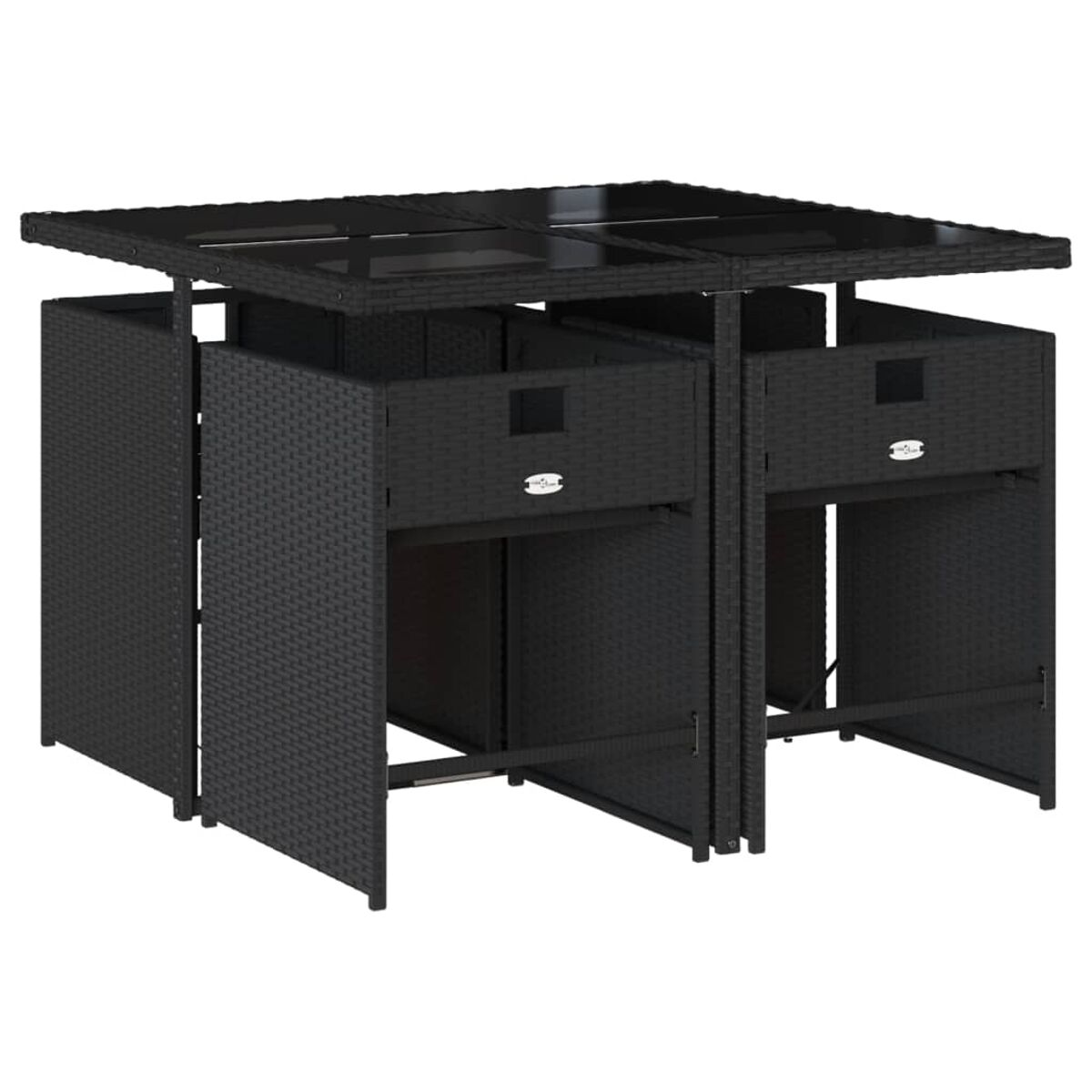 Schwarzes Rattan-Ess-Set für draußen mit einem quadratischen Tisch und vier Stühlen.