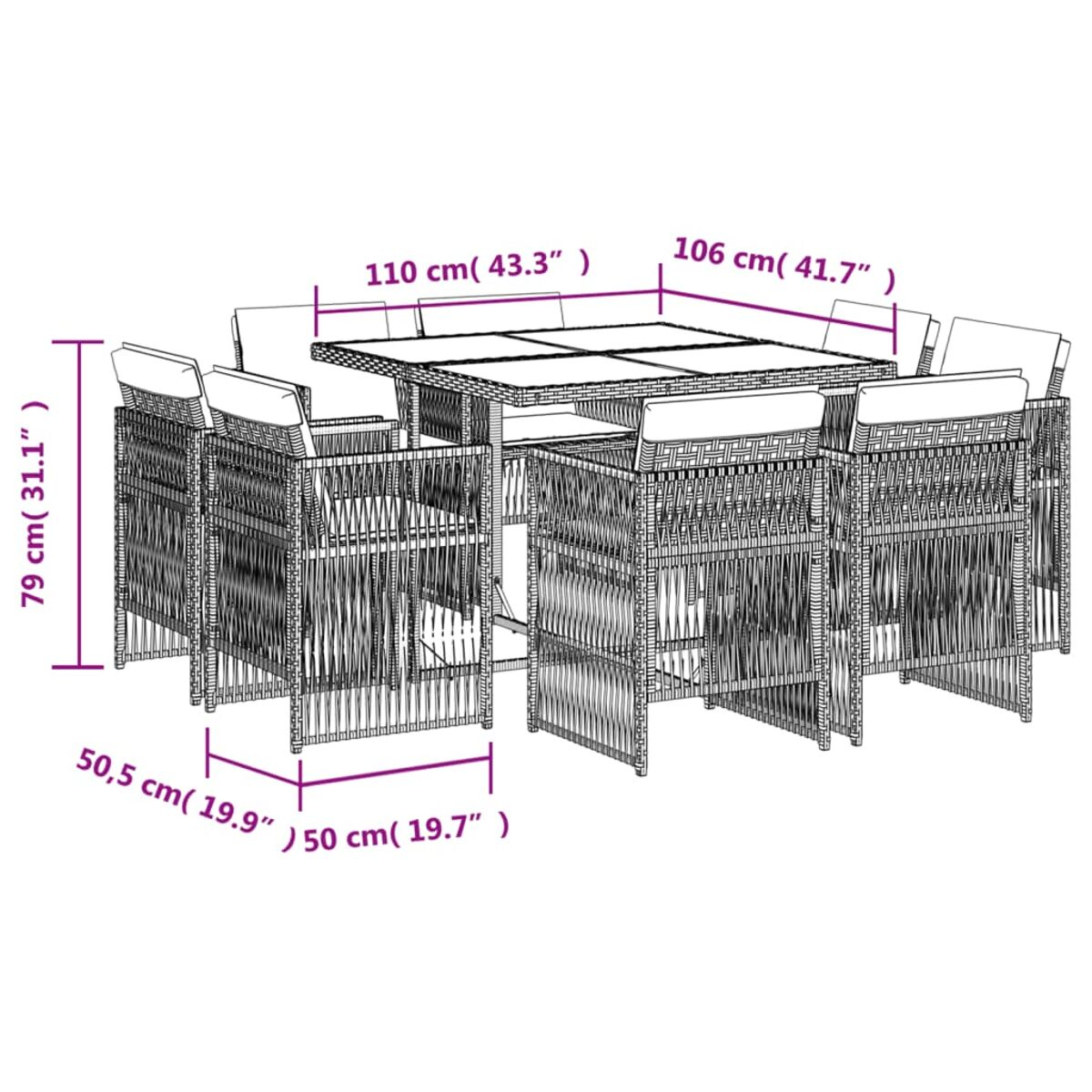 Diagramm eines Esssets mit Abmessungen. Das Set umfasst einen Tisch und Stühle, alle im Korbstil.