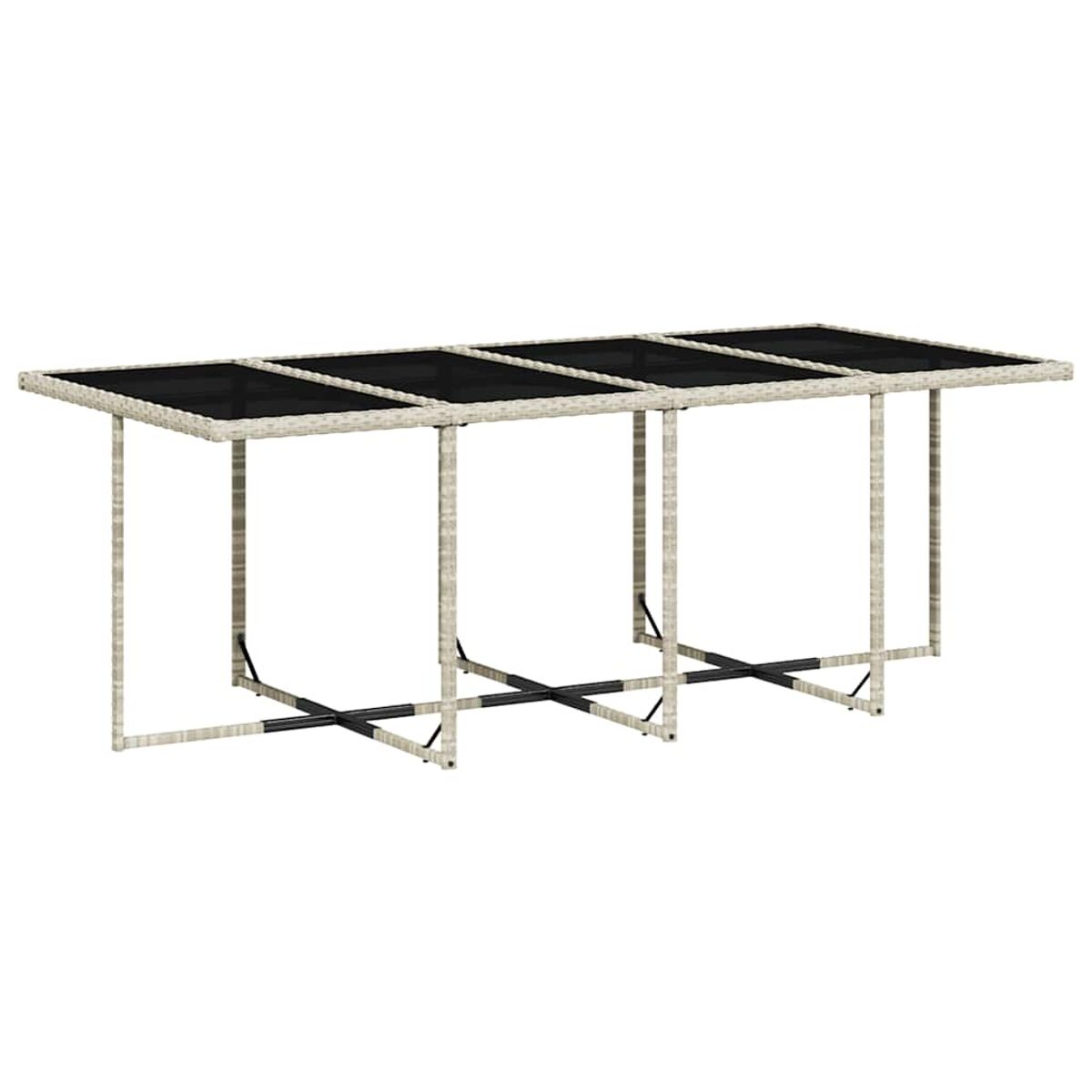 Tavolo da esterno con piano in vetro e struttura intrecciata. Supporti a croce neri. Design orizzontale.