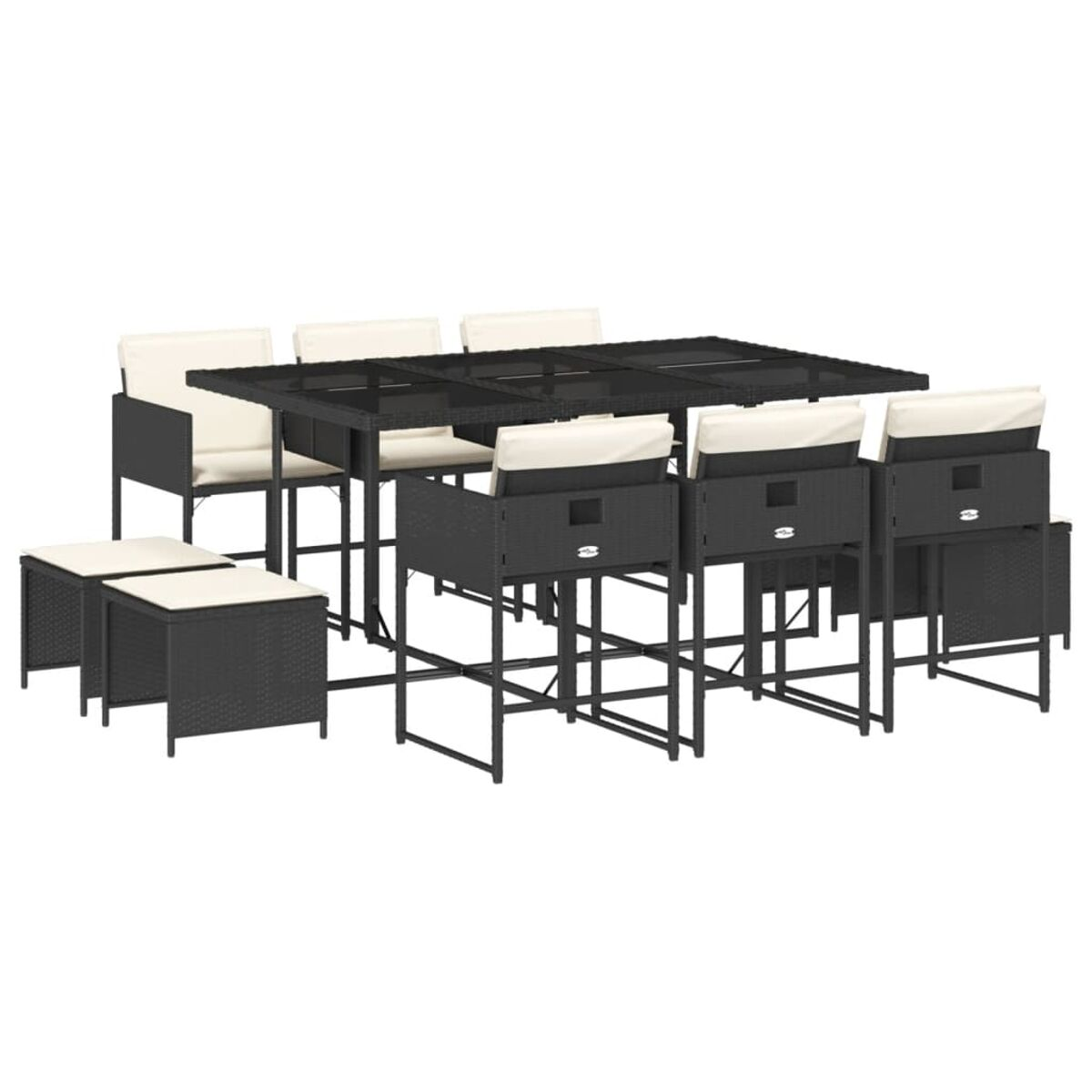 Tavolo da bar in rattan nero con 8 sedie e 2 sgabelli. Cuscini bianchi su sedili e sgabelli.