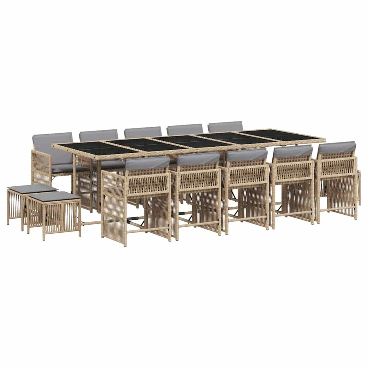 Set da pranzo per esterni con tavolo e sedie. Legno naturale e cuscini grigi.