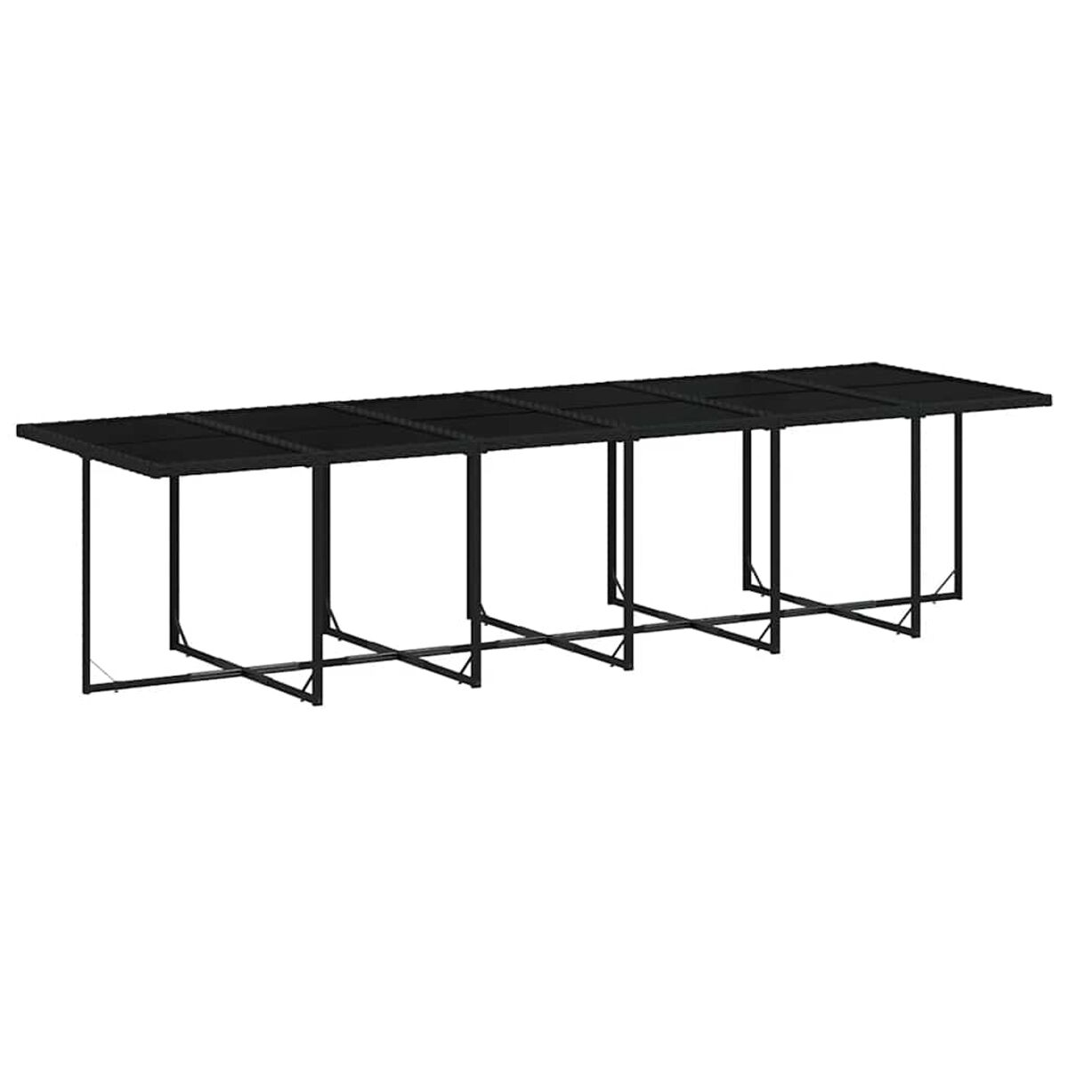 Tavolo da esterno nero rettangolare con piano a doghe e gambe nere. Sfondo bianco.