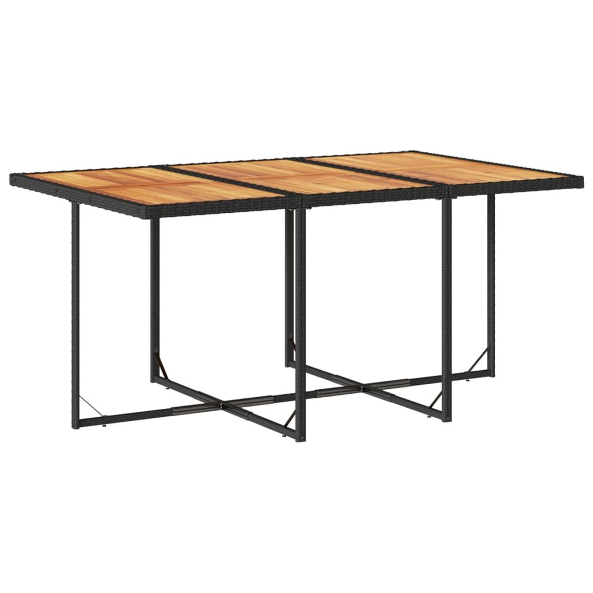 Rechteckiger Tisch für draußen mit schwarzen Beinen. Der Tisch hat eine Holzplatte. Weißer Hintergrund.