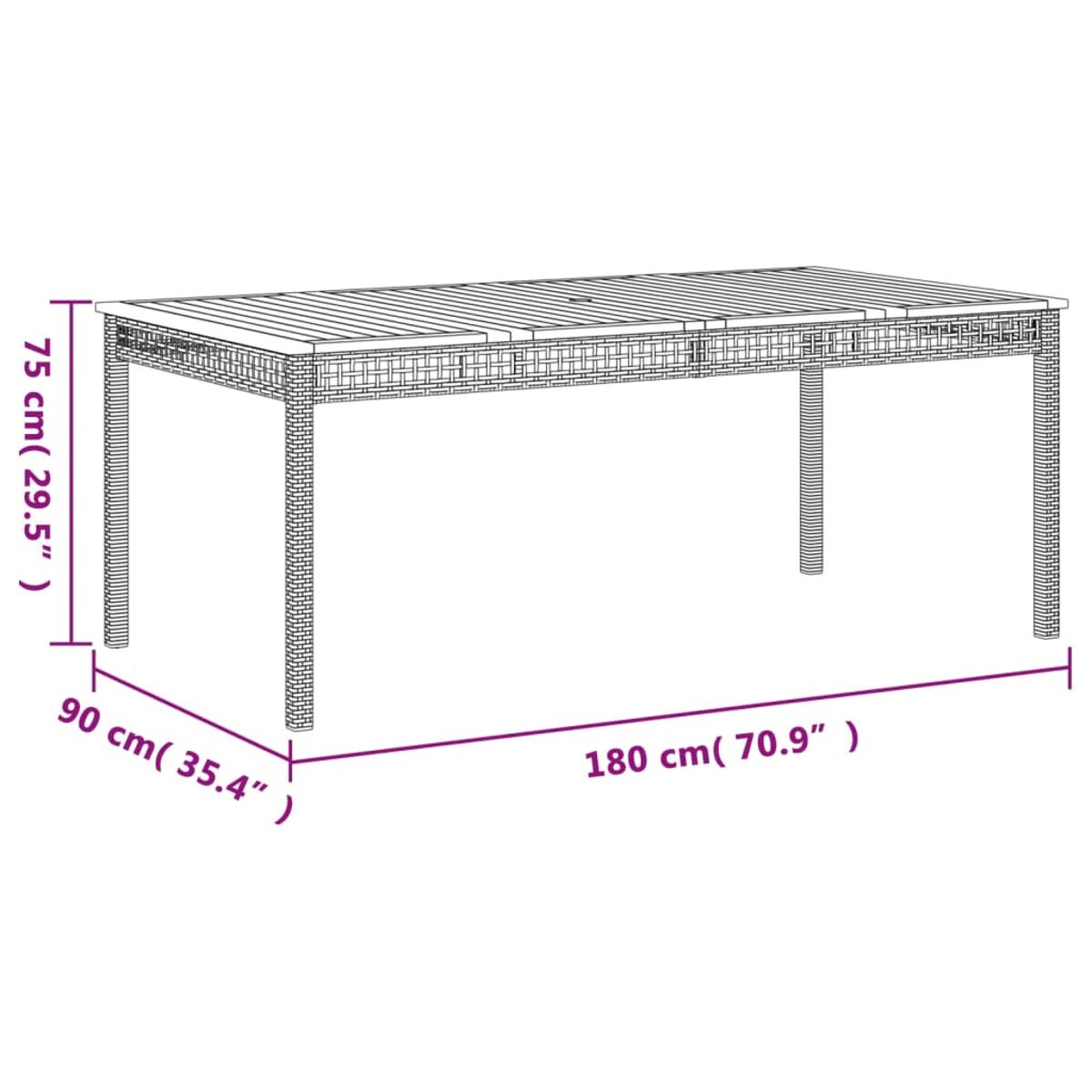 Rattantisch mit den angegebenen Abmessungen: 180cm x 90cm x 75cm.