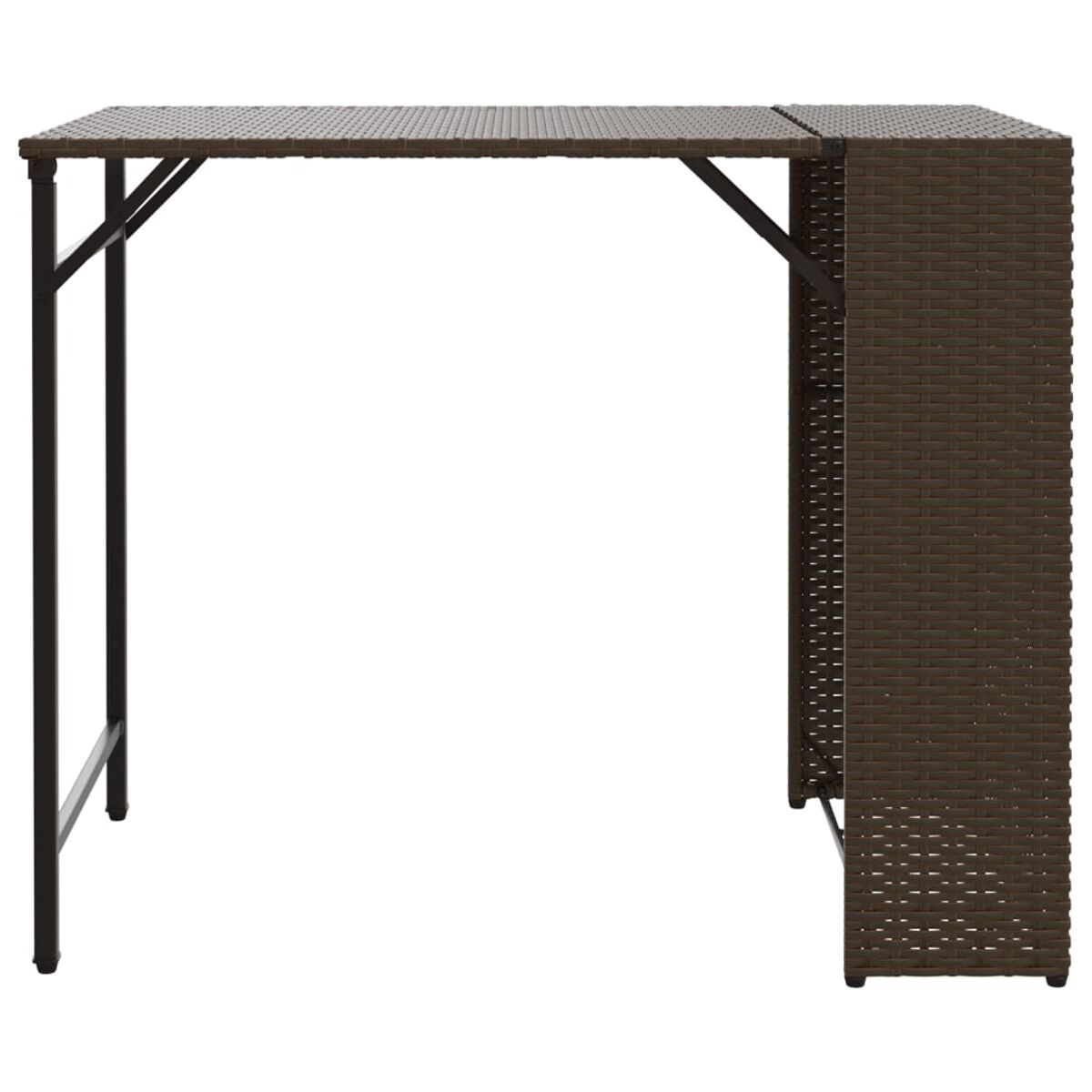 Tavolo da bar in rattan marrone con gambe nere. Il tavolo ha un lato pieghevole.