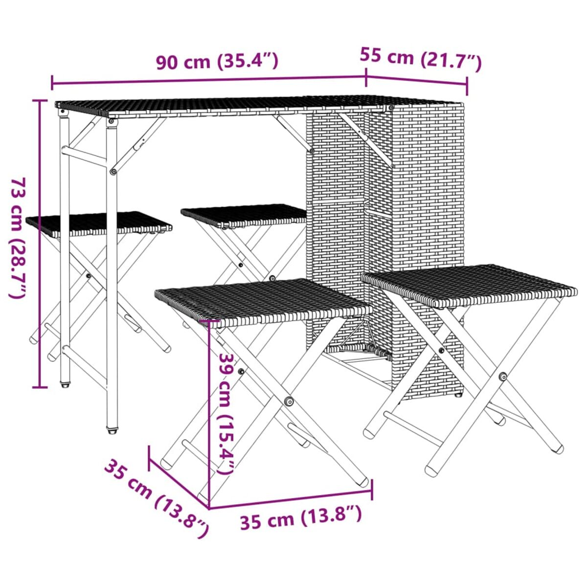 Set bar da esterno. Tavolo bar rettangolare con tre sgabelli coordinati con sedute intrecciate. Cornici bianche.