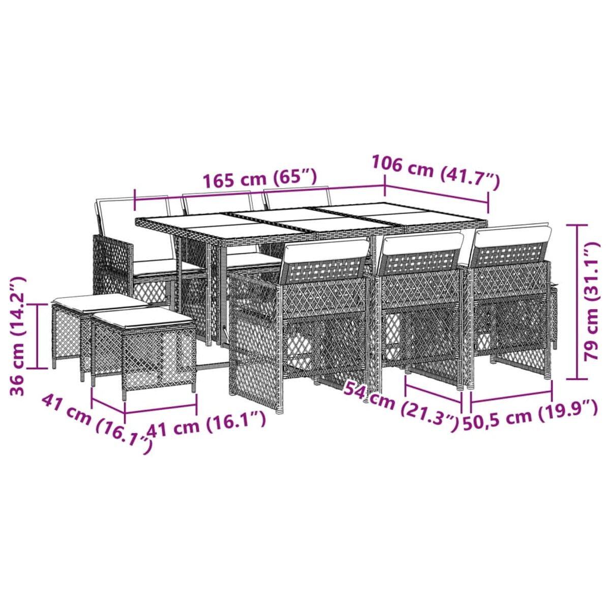 Set da pranzo per esterni con tavolo, sedie e dimensioni su sfondo bianco.