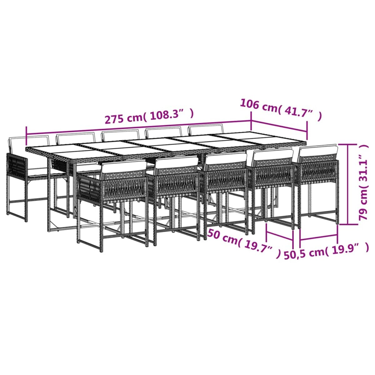Ein großes Ess-Set für den Außenbereich mit einem rechteckigen Tisch und Stühlen, Maße sichtbar.
