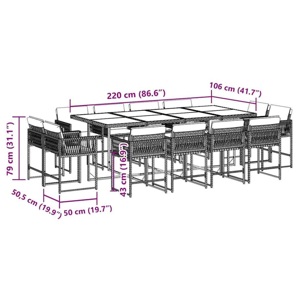 Diagramm eines Ess-Sets für den Außenbereich mit einem langen Tisch und Stühlen. Maße in cm angegeben.