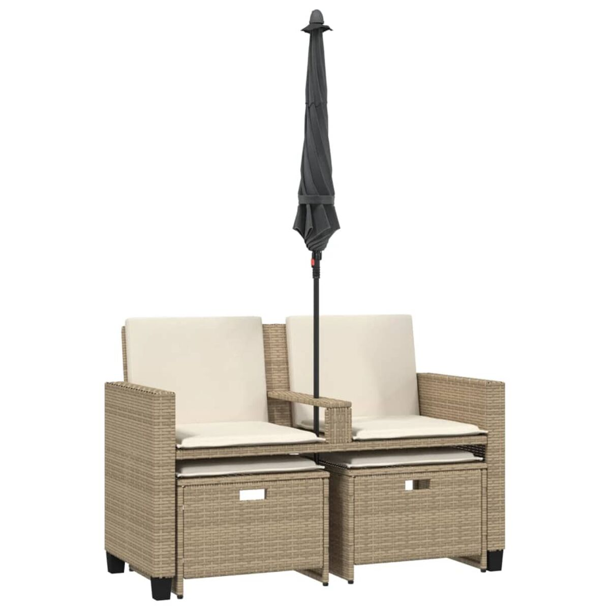 Set da esterno: Due poltrone, due poggiapiedi e un ombrellone abbinato. Cuscini beige.