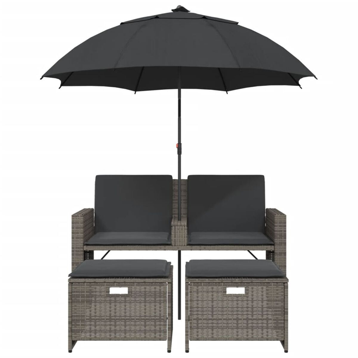 Set di mobili da esterno con ombrellone, due sedie e due pouf. Il set è grigio.