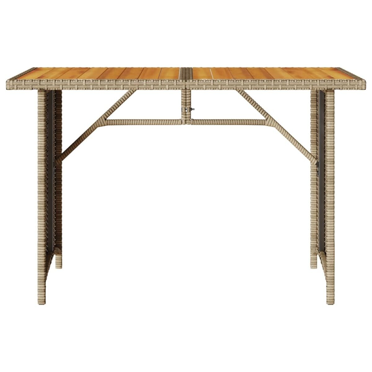Gewebter Gartentisch. Rechteckig mit Holzplatte. Beige. Einfaches Design.