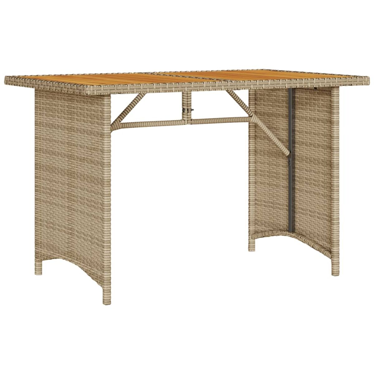 Hellbrauner Korbtisch mit rechteckiger Holzplatte. Der Tisch hat eine Stützstange und vier Beine.