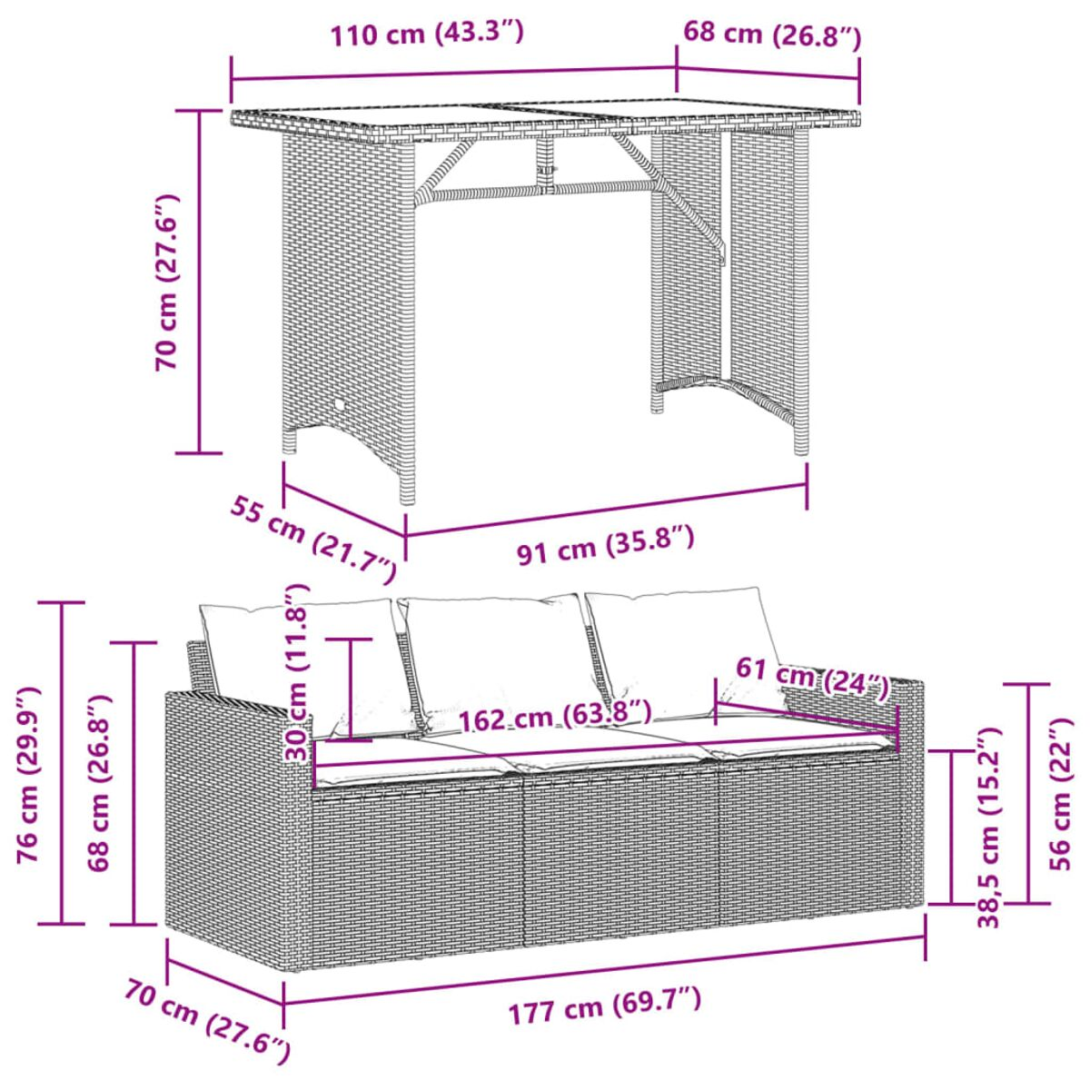Diagramm eines Außentisches und eines Sofas mit Abmessungen in Zentimetern.