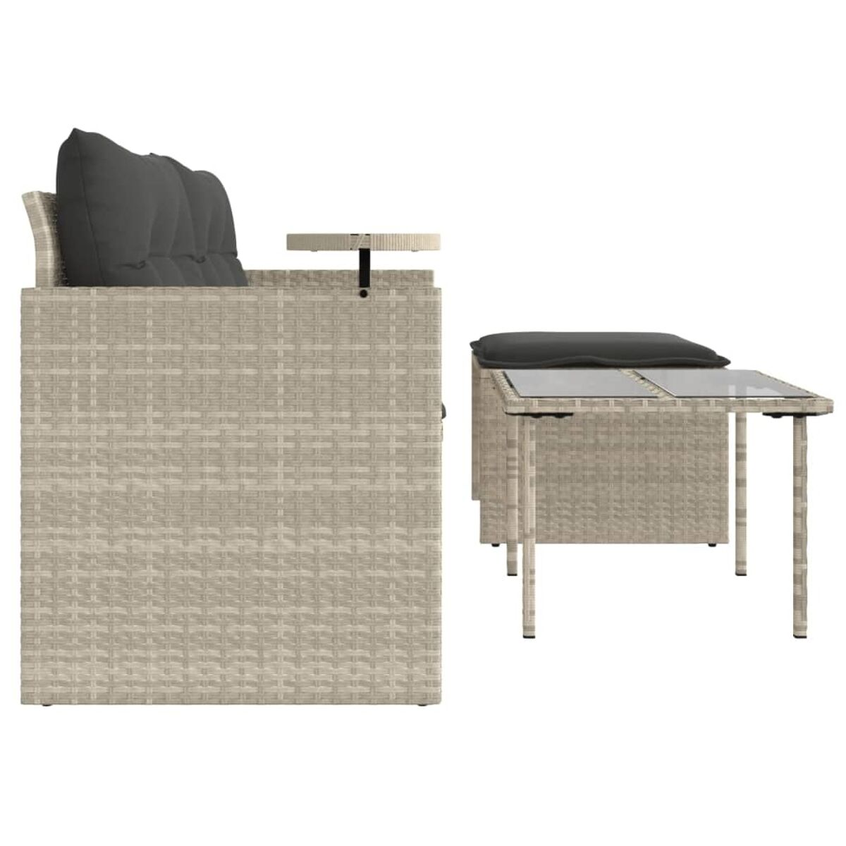Divano in vimini beige con cuscini scuri e tavolo. Il set è su sfondo bianco.