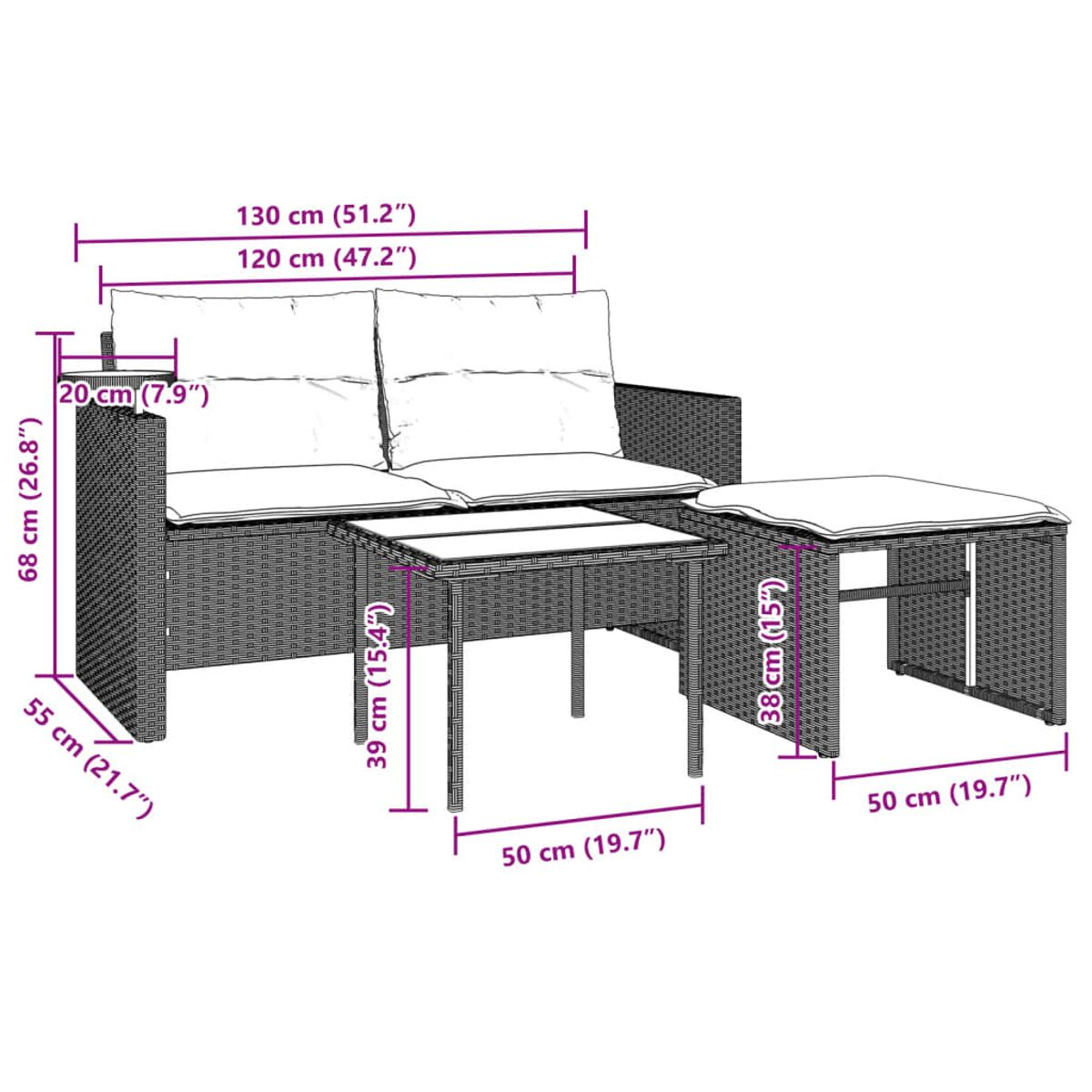 Set divano in rattan con divano a due posti, tavolino e pouf. Dimensioni etichettate.