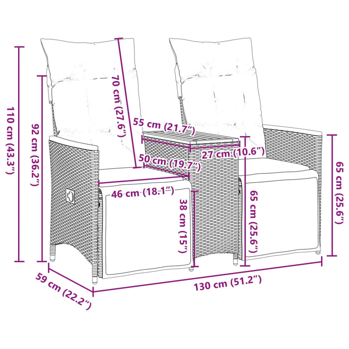 Sitzgruppe im Freien mit Maßen. Sie enthält zwei Stühle und einen Tisch aus gewebtem Material.