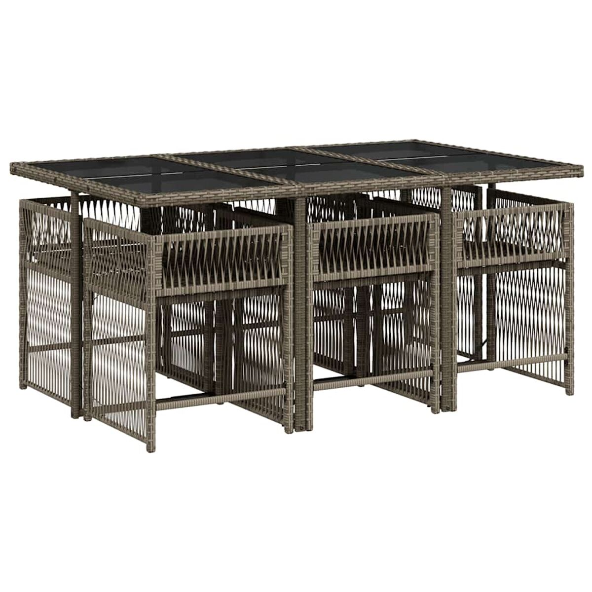 Set da pranzo per esterni con tavolo e sei sedie. Arredamento in stile vimini.
