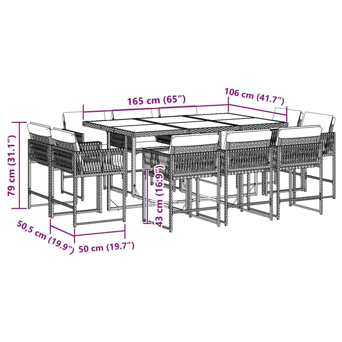Set da pranzo per esterni con dimensioni in cm. Sedie in rattan e un grande tavolo.