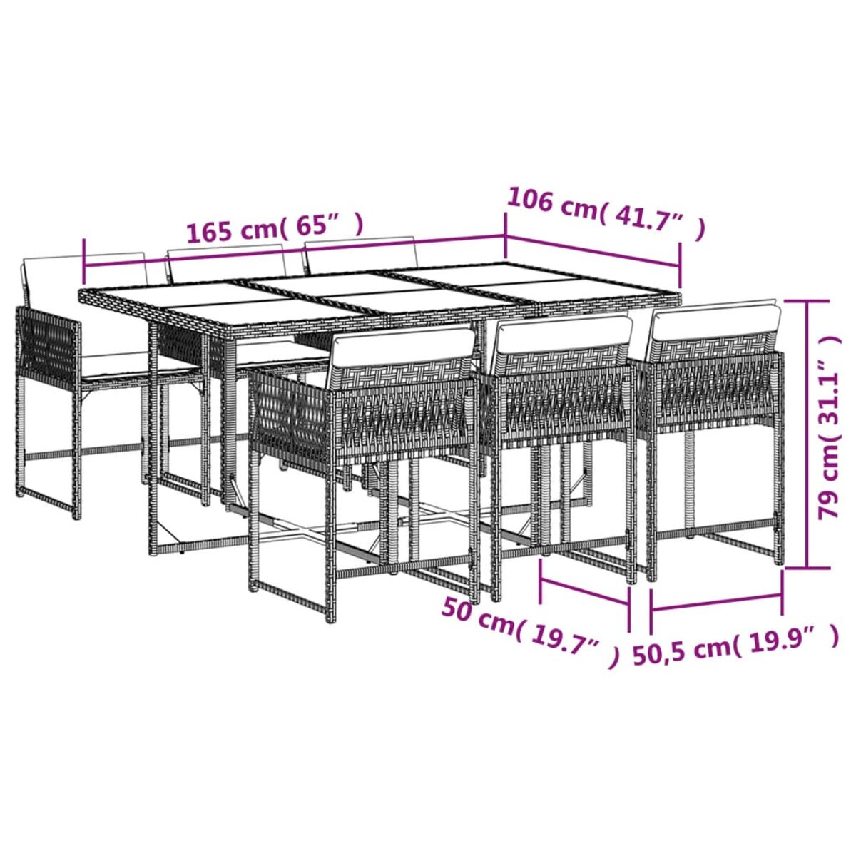 Diagramm mit Tisch und Stühlen, mit Maßangaben in cm und Zoll. Detaillierte Abmessungen sind angegeben.