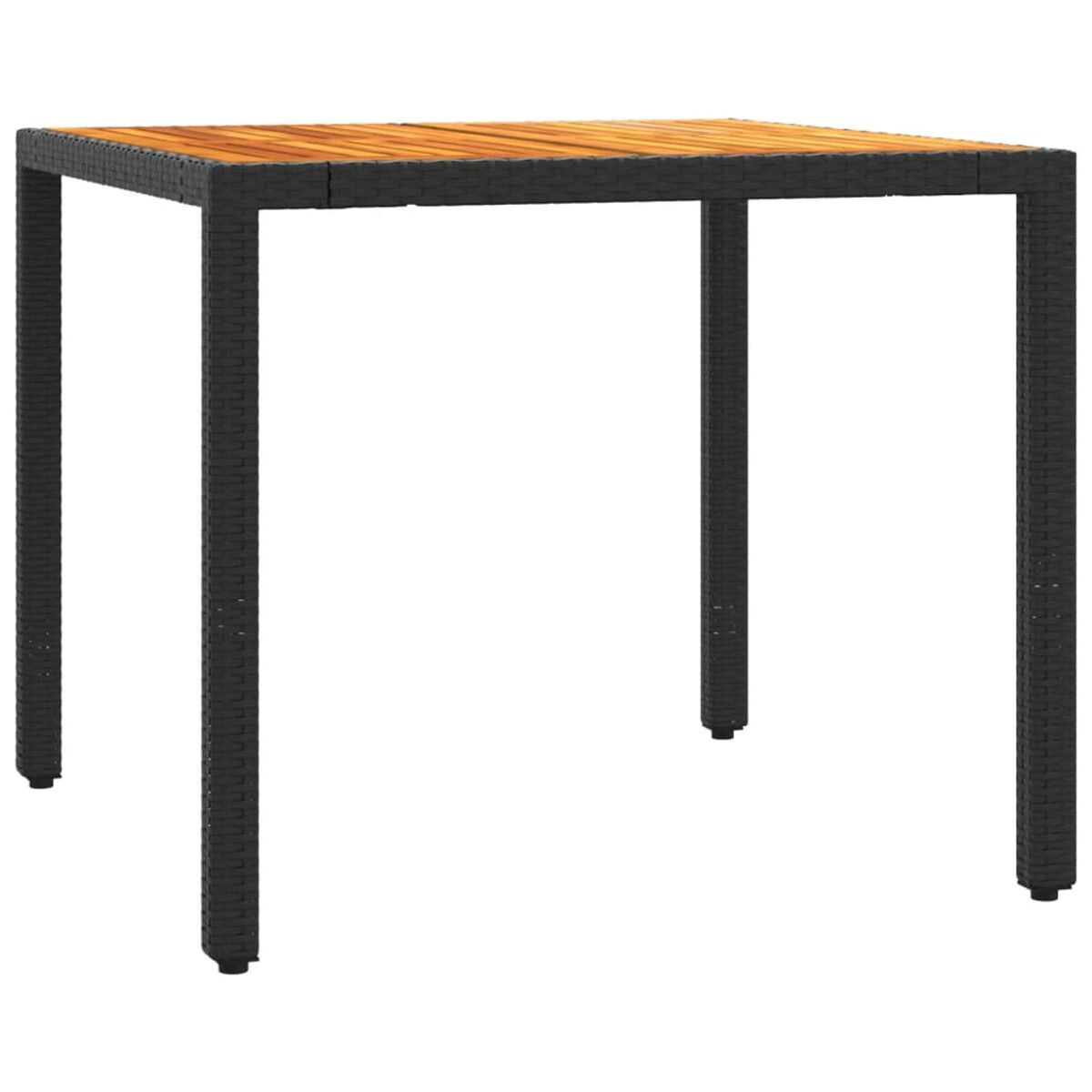 Quadratischer Gartentisch. Schwarzer Rahmen, braune Holzplatte.