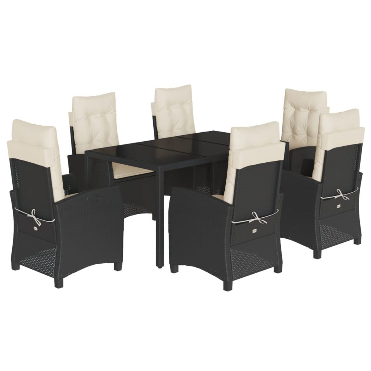Schwarzes Korbmöbel-Set. Tisch mit sechs Stühlen, cremefarbene Kissen.