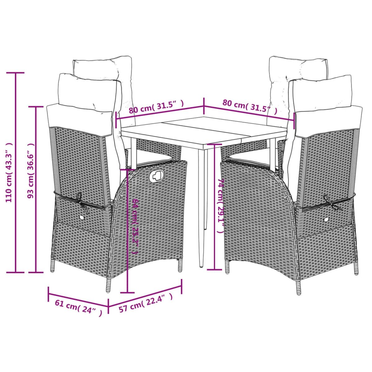 Set da pranzo per esterni. Quattro sedie e un tavolo sono mostrati con le dimensioni.