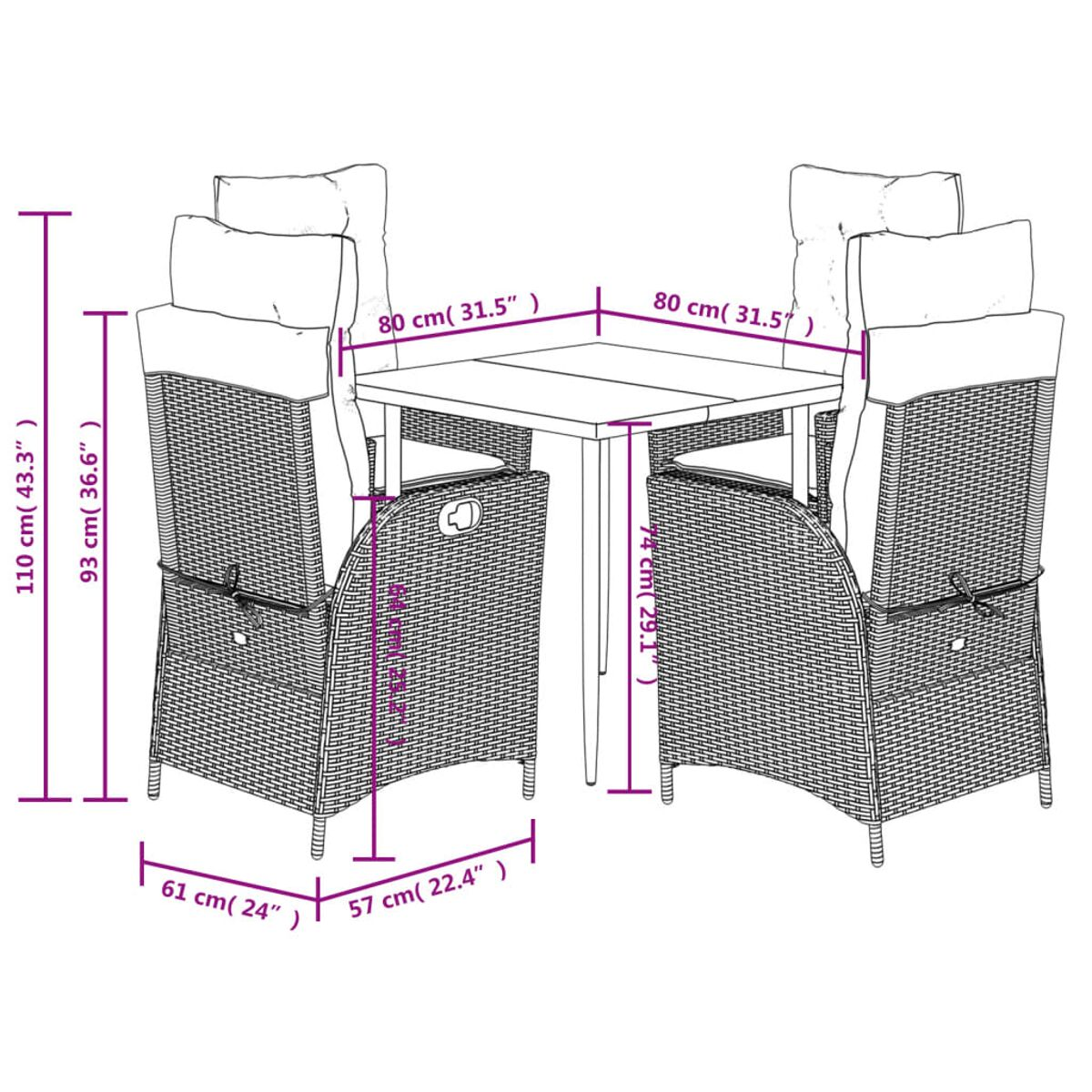 Diagramm des Esszimmers im Freien mit Abmessungen. Tisch und Stühle mit Maßen.